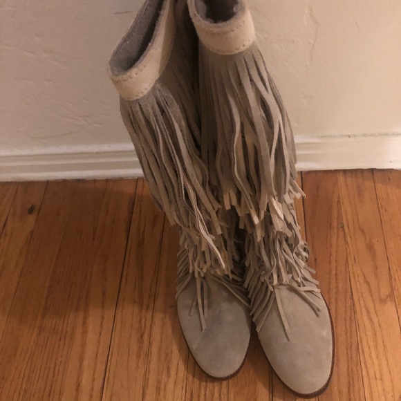 New Zara Moccasins Knee High Fringe Boots Leather - Picture 4 of 10